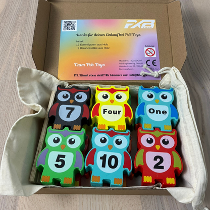 Bunte Holz-Stapelsteine in Eulenform incl. Aufbewahrungsbeutel