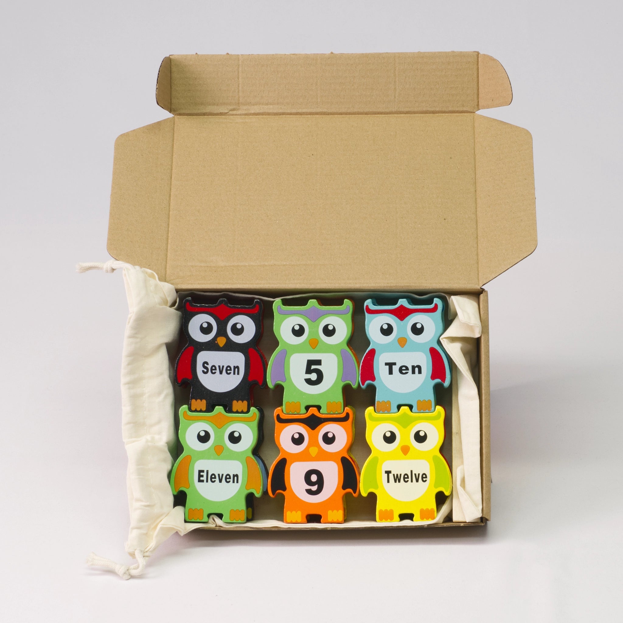 Bunte Holz-Stapelsteine in Eulenform incl. Aufbewahrungsbeutel