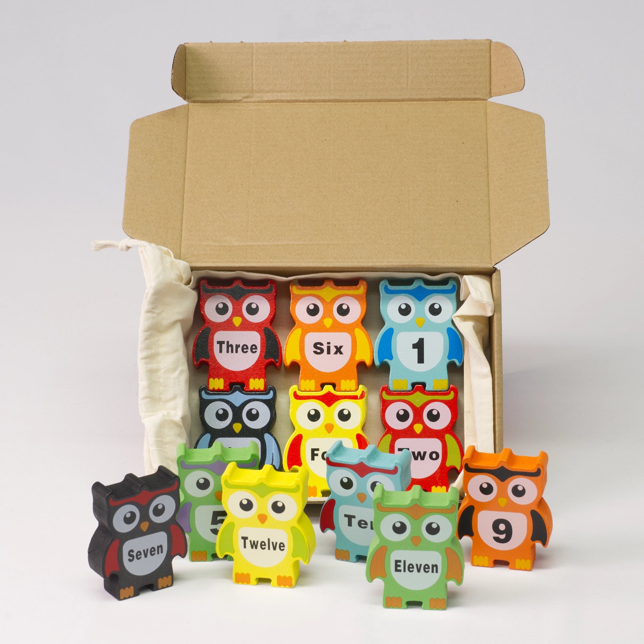 Bunte Holz-Stapelsteine in Eulenform incl. Aufbewahrungsbeutel