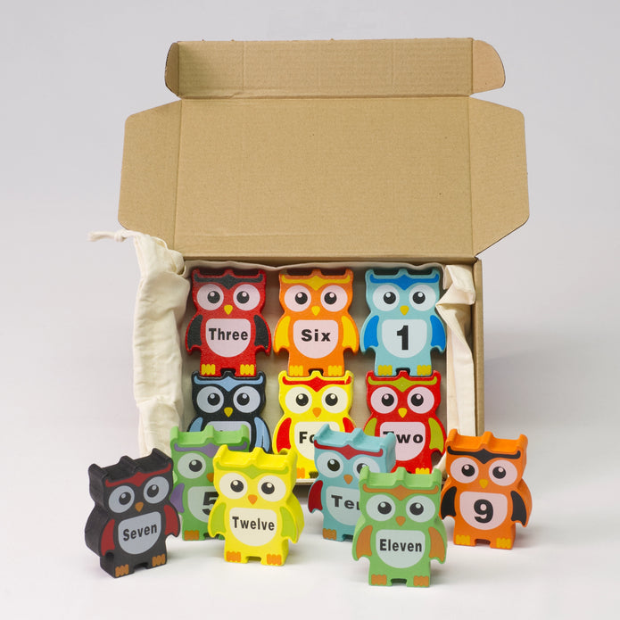 Bunte Holz-Stapelsteine in Eulenform incl. Aufbewahrungsbeutel