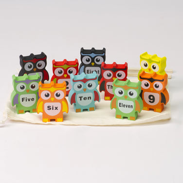 Bunte Holz-Stapelsteine in Eulenform incl. Aufbewahrungsbeutel