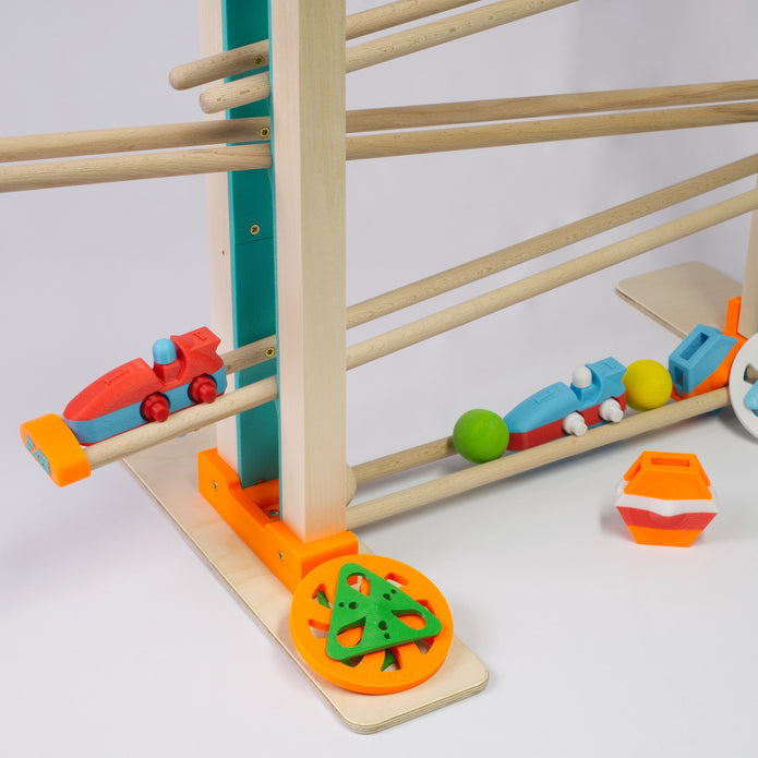 Holz-Kugelbahn - orange & türkis- XXL- incl.Laufteilen ab 3 Jahren
